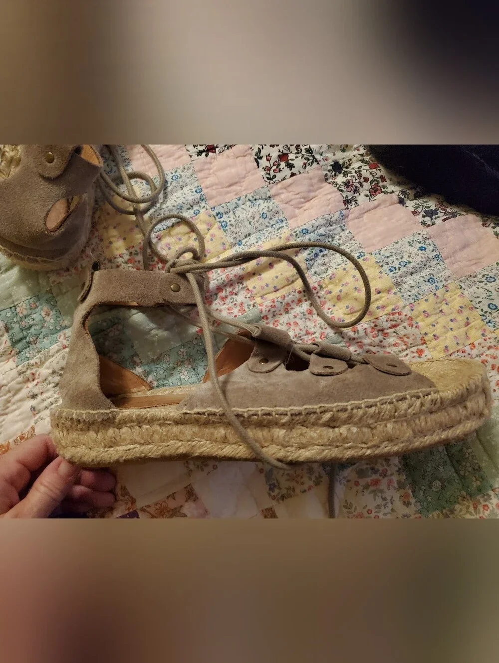 Suede Lace-Up Espadrille Platform Roman Sandal in Taupe